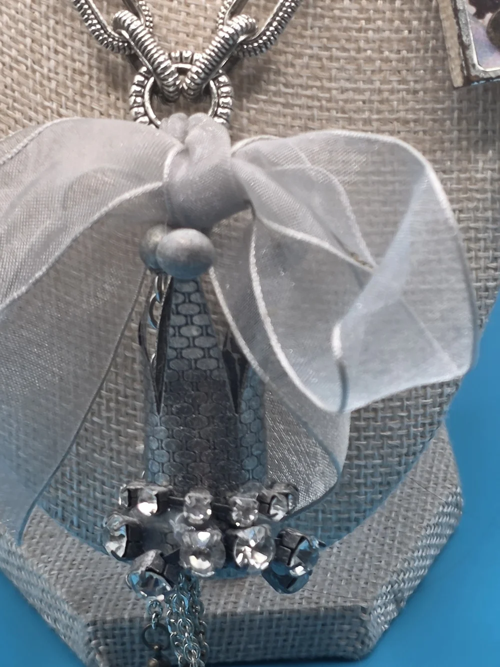 Silver-Tone Charm Necklace with Sheer Gray Bow and Pearl Drops